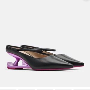 Black Slingback Pointed Wedges with Pink Sculpted Heel